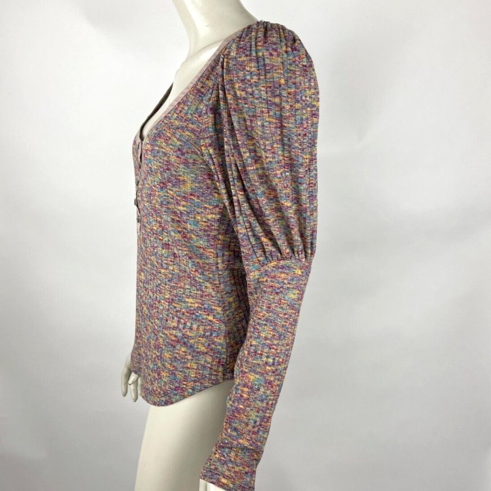 Anthropologie Puff-Sleeved Knit Henley Top Women S NWT Stretch Scoop Neck Purple - Picture 4 of 11